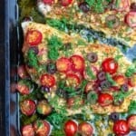 Mediterranean style baked grouper recipe with tomatoes and olives