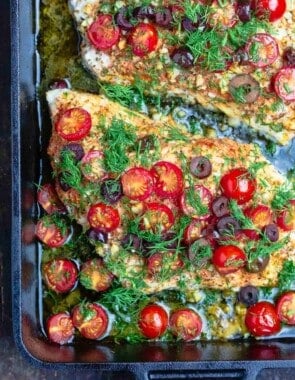 Mediterranean style baked grouper recipe with tomatoes and olives