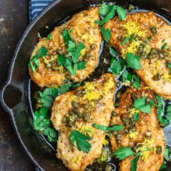 Lemon Chicken Piccata in cast iron skillet.