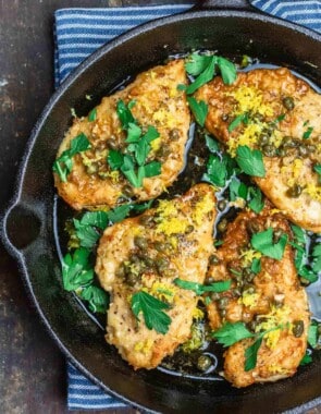 Lemon Chicken Piccata in cast iron skillet.