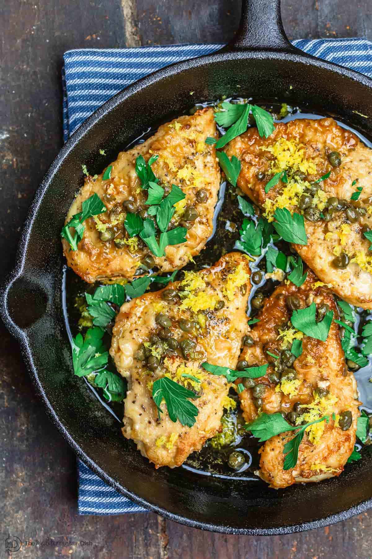 Lemon Chicken Piccata in cast iron skillet.