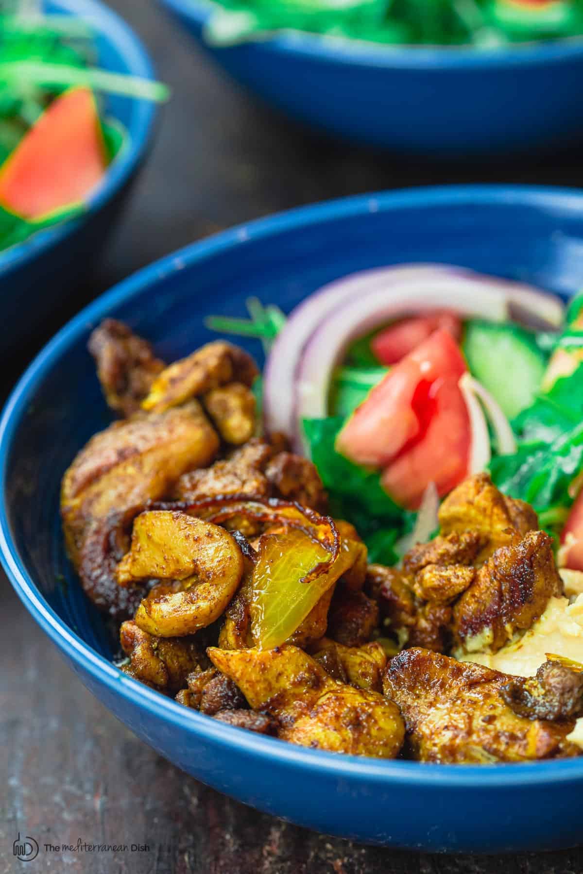 Chicken Shawarma Bowls with Arugula Salad and Hummus