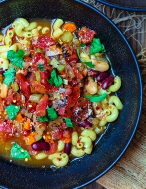 Vegetarian Pasta Fagioli Soup served in bowl