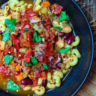 Vegetarian Pasta Fagioli Soup served in bowl