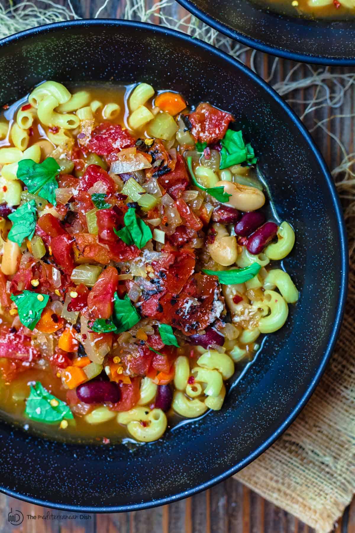 Vegetarian Pasta Fagioli Soup served in bowl