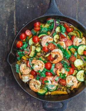 Mediterranean sauteed shrimp and zucchini with chickpeas, tomatoes and basil