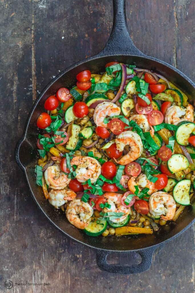 Mediterranean sauteed shrimp and zucchini with chickpeas, tomatoes and basil