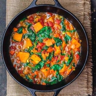 vegetarian sweet potato stew in large Dutch oven