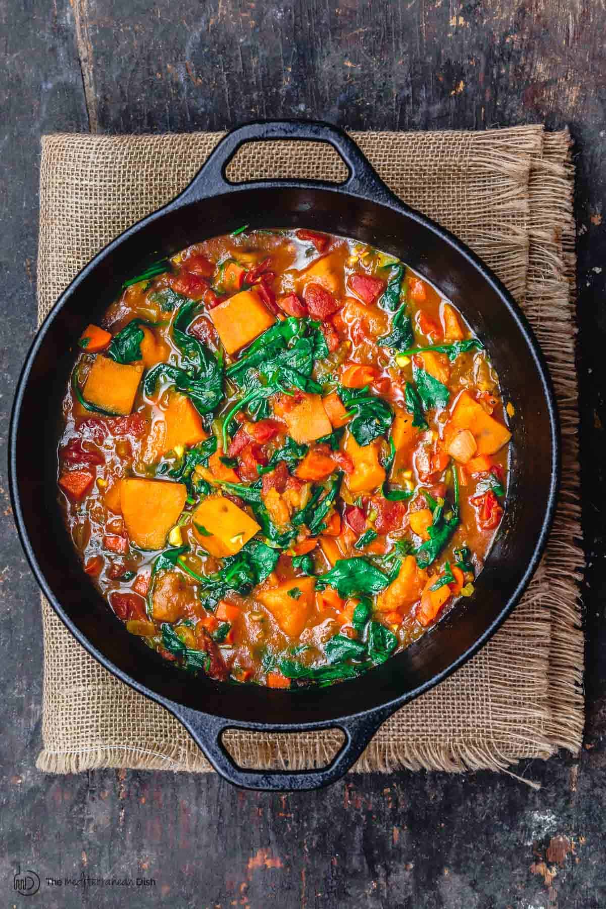 vegetarian sweet potato stew in large Dutch oven 