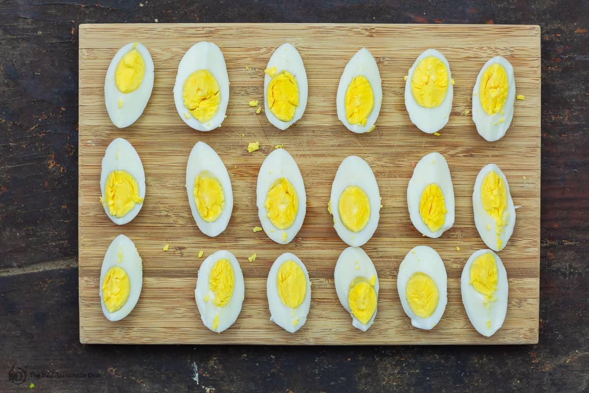Boiled eggs sliced into 4th