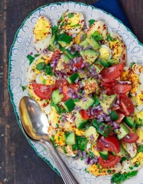 Healthy Egg Salad with Avocados, cucumbers, tomoes and fresh herbs