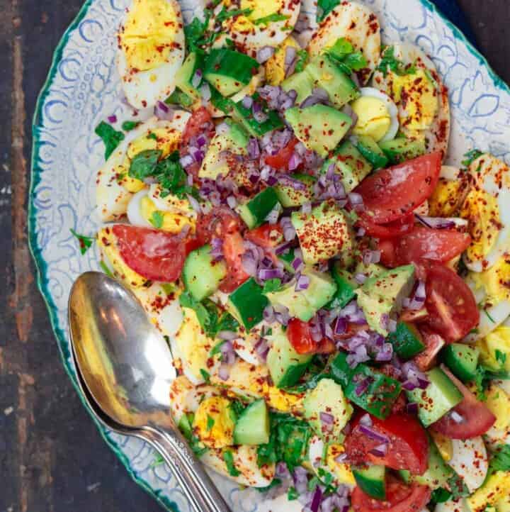 Healthy Egg Salad with Avocados, cucumbers, tomoes and fresh herbs
