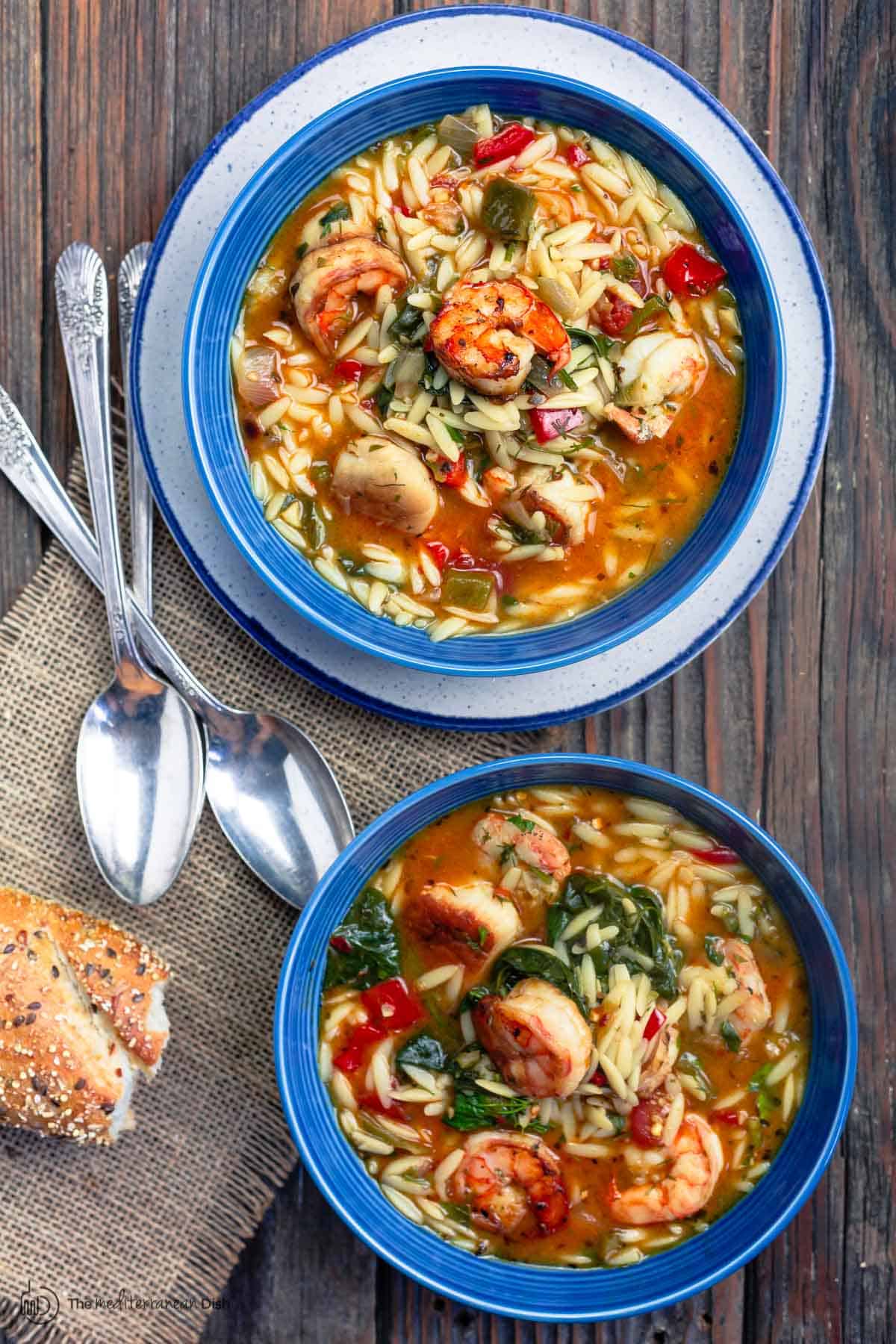 Two soup bowls with Mediterranean shrimp soup