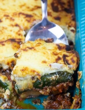 Vegetarian moussaka with eggplant, potatoes, zucchini and bechamel on top