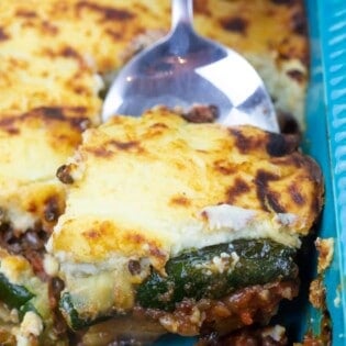 Vegetarian moussaka with eggplant, potatoes, zucchini and bechamel on top