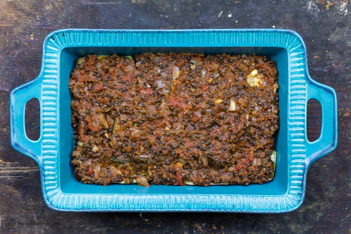 Tomato lentil sauce added on top of roasted vegetables 