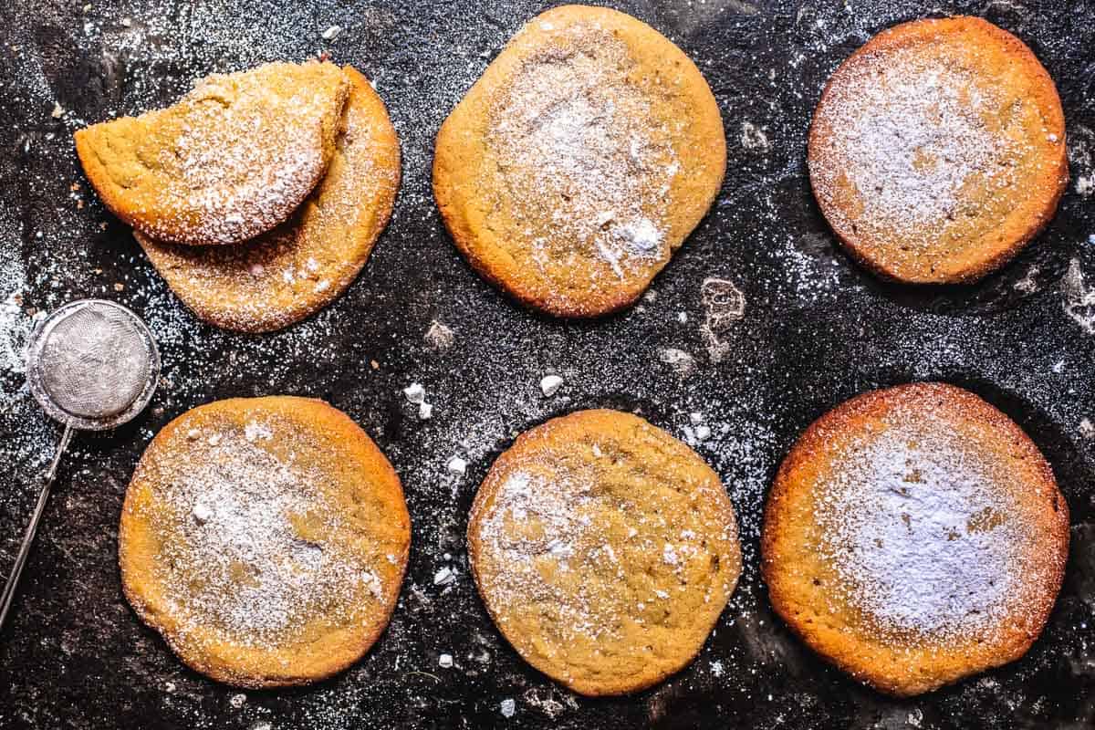 tahini cookies dusted with powdered sugar