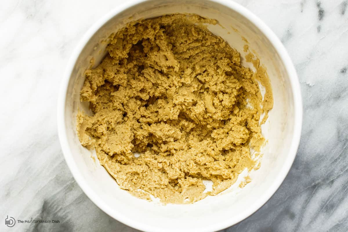 Tahini is added to butter and sugar mixture