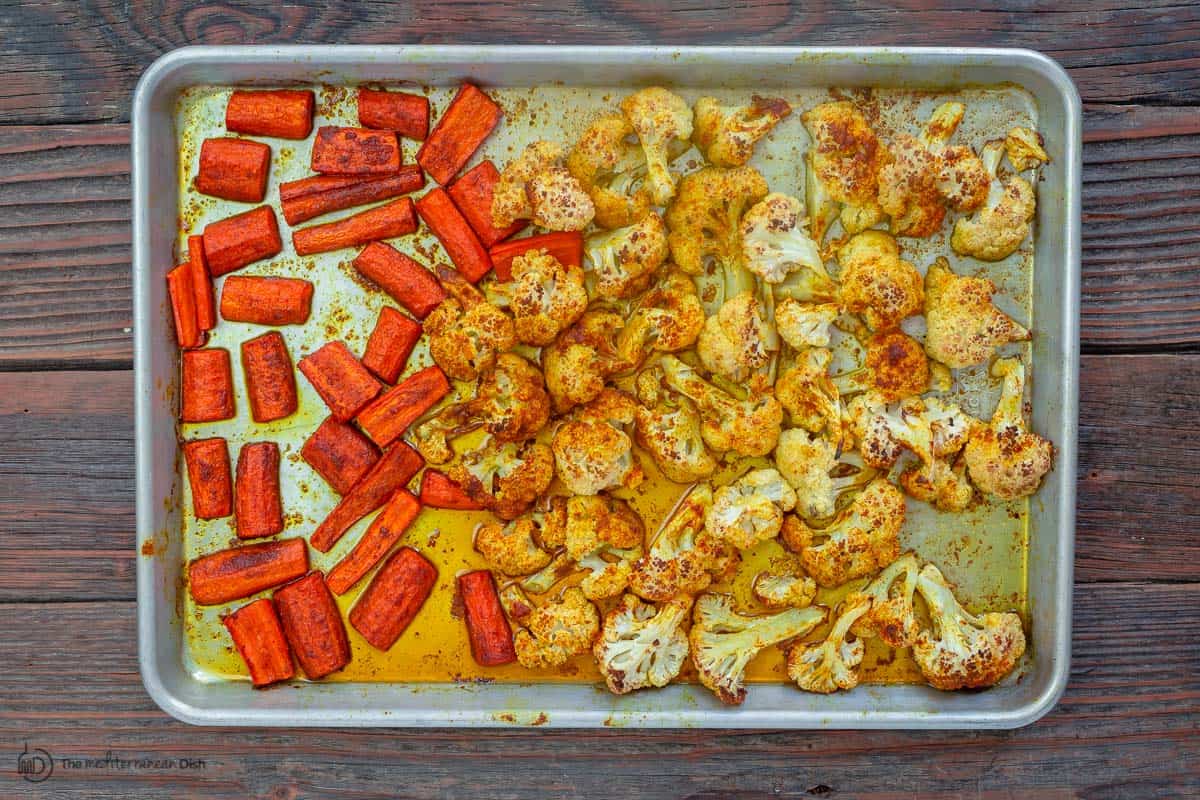 Cauliflower and carrots roasted in sheet pan