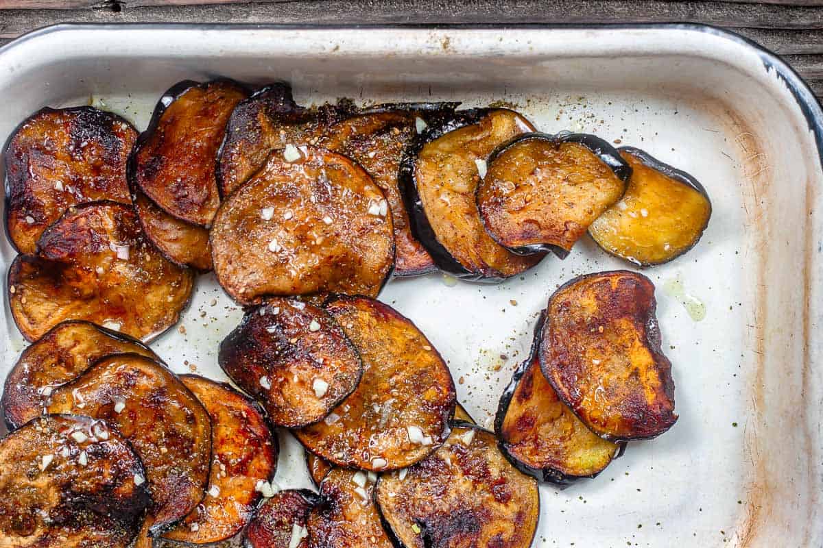 Cooked eggplant on a tray