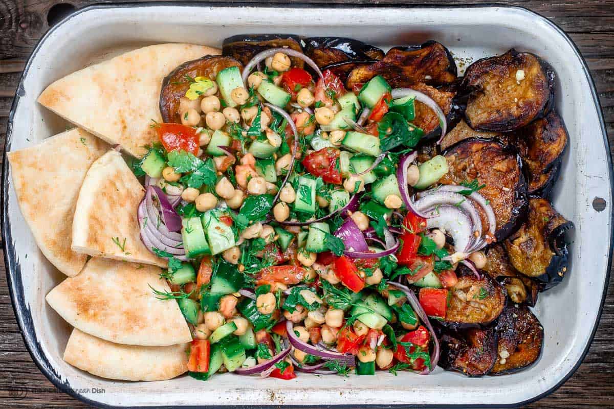 Assembled chickpea salad on platter