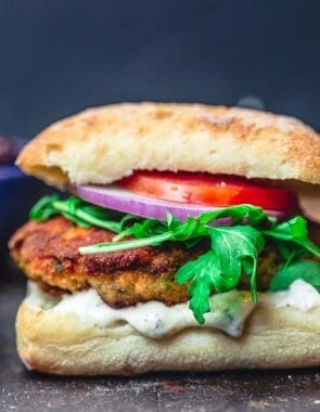 juicy salmon burger in ciabatta bun