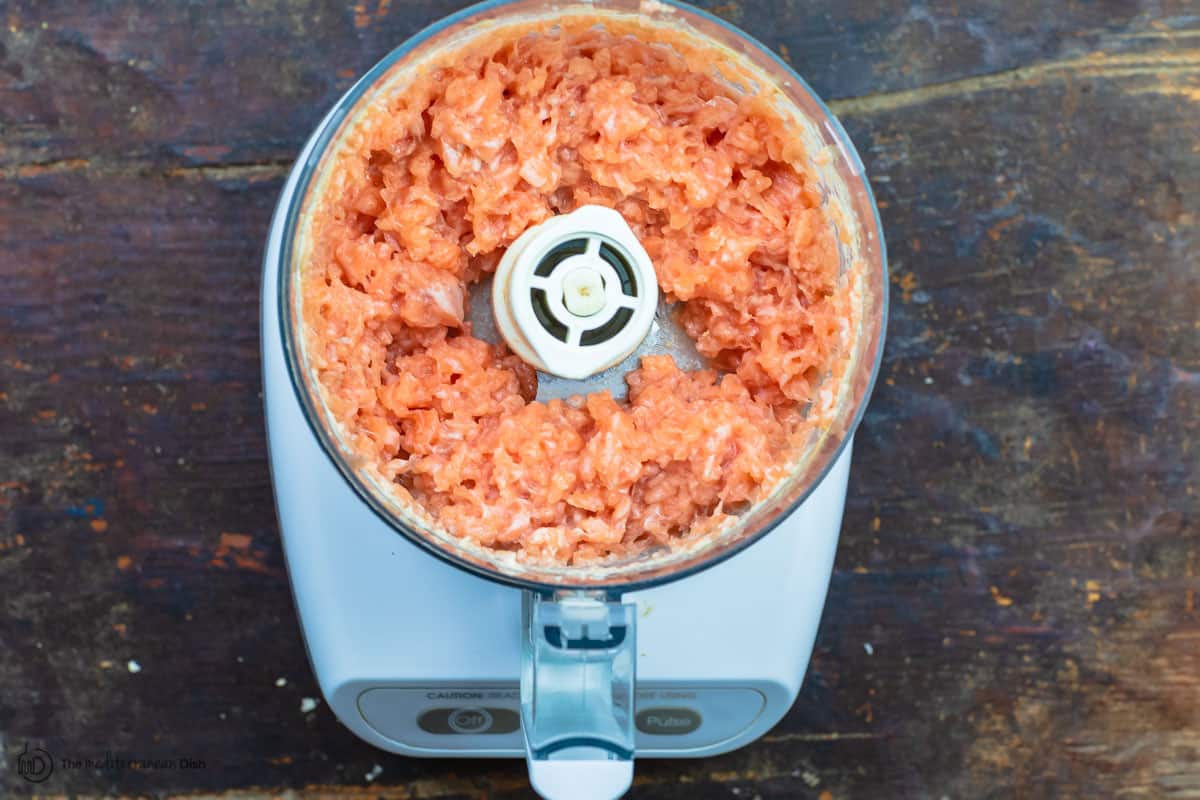 Remainder of the salmon fillet ground into chunks in food processor