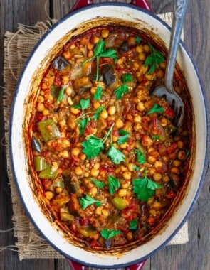 Eggplant stew with chickpeas and tomatoes in Dutch oven