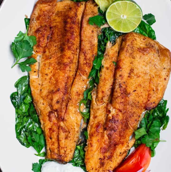pan seared trout served on a platter of greens with tzatziki sauce and limes