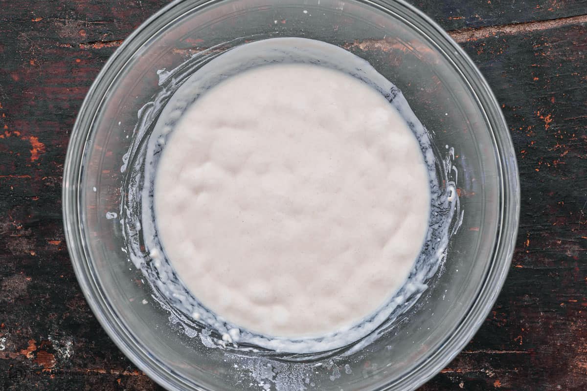 Bread sponge bubbling in a mixing bowl