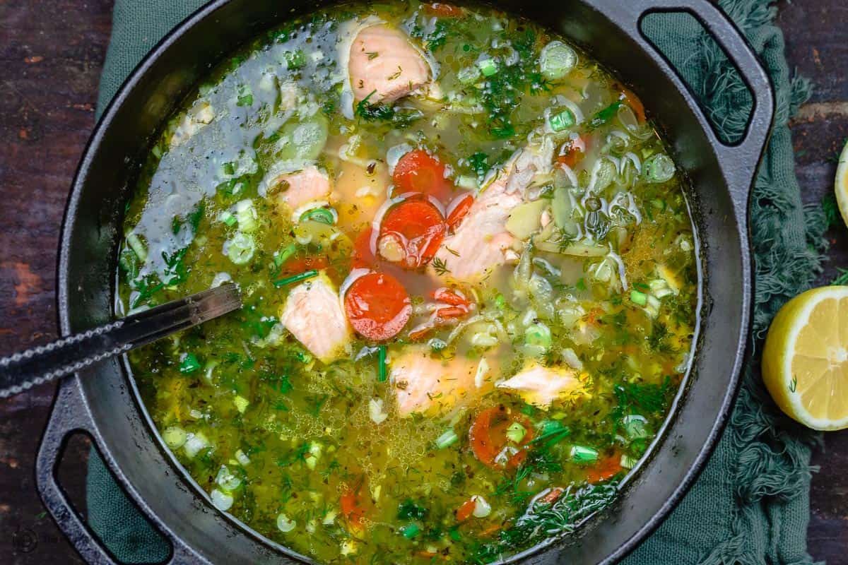 salmon soup finished in the pot