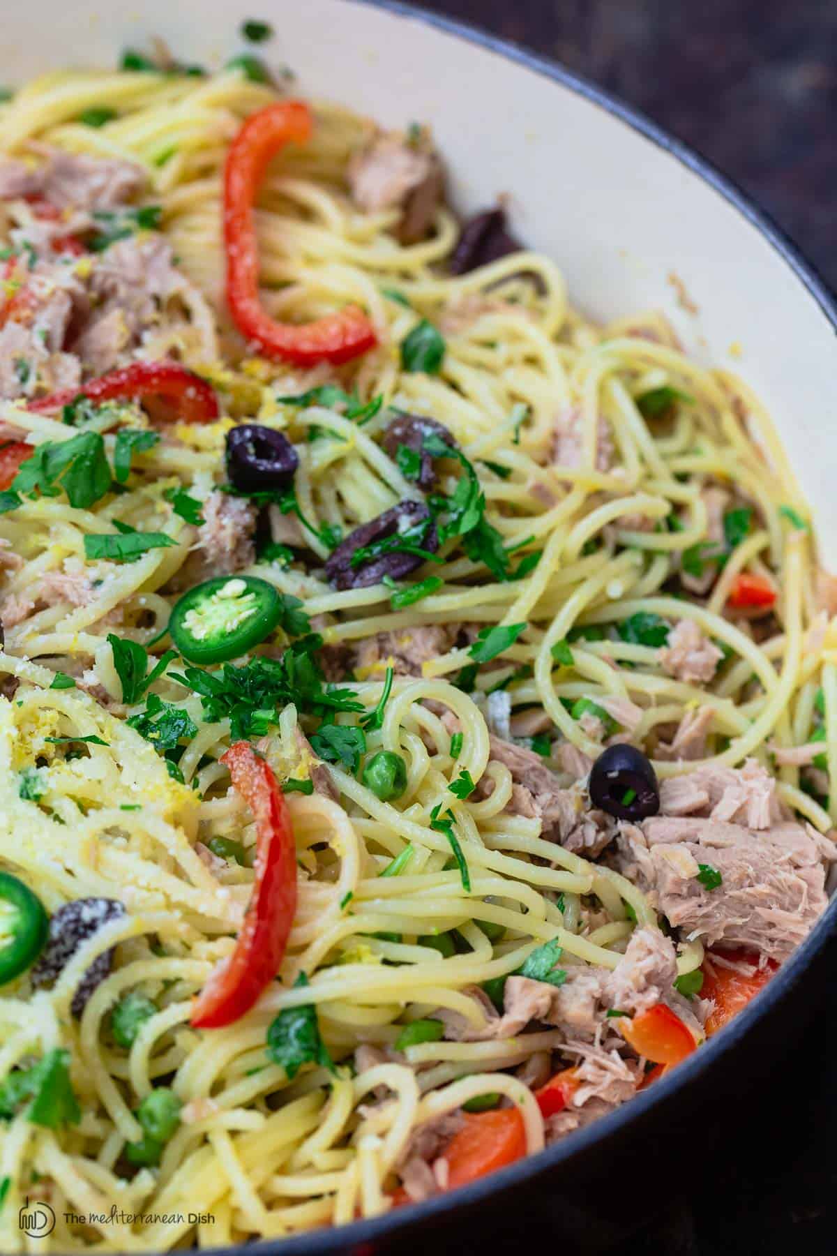 Tuna pasta in large cooking pan