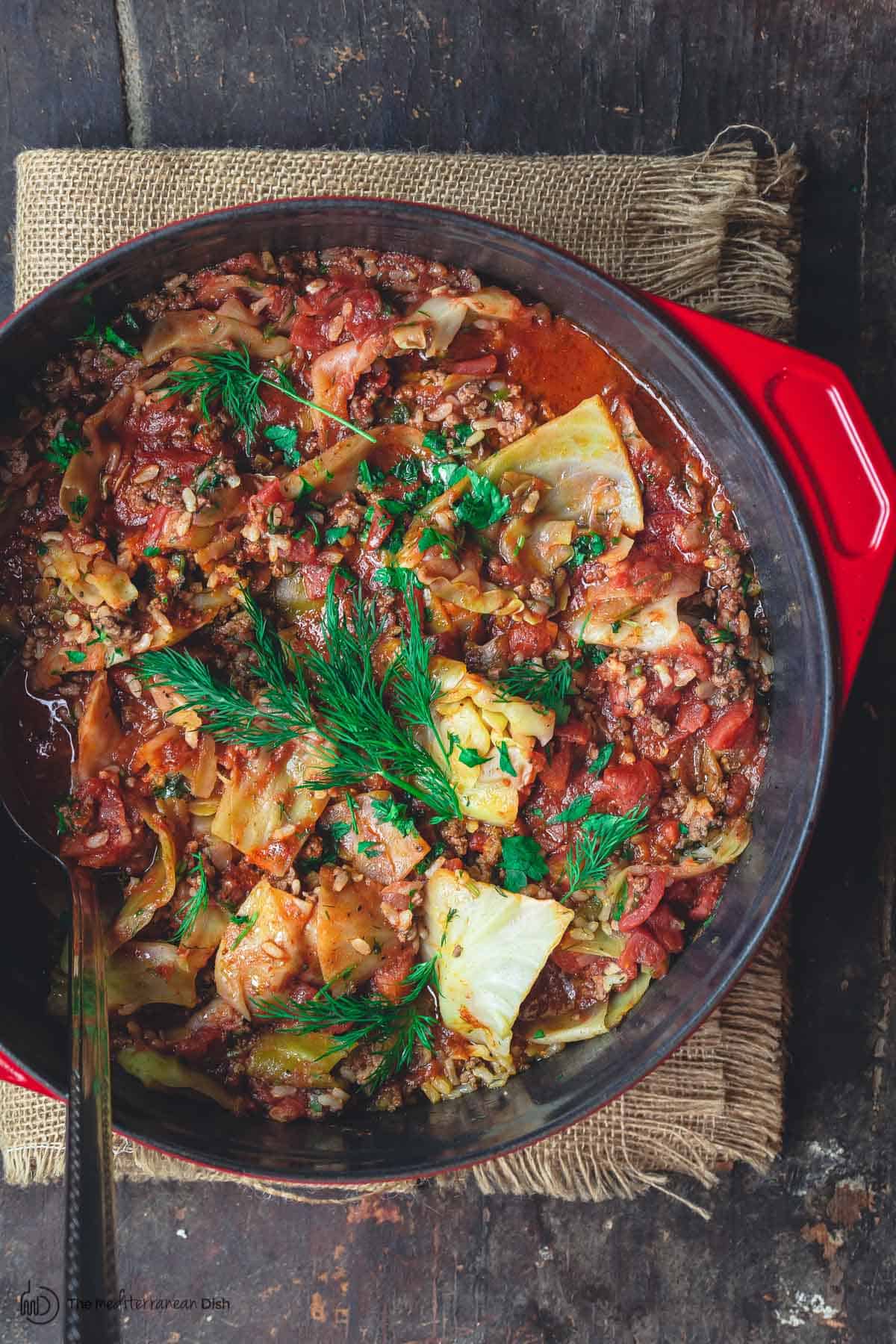 Unstuffed cabbage rolls in a large pot