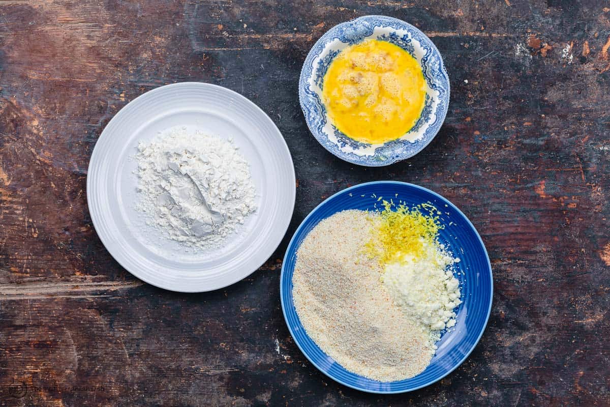 Dredging station flour, egg wash, and bread crumbs with Parmesan