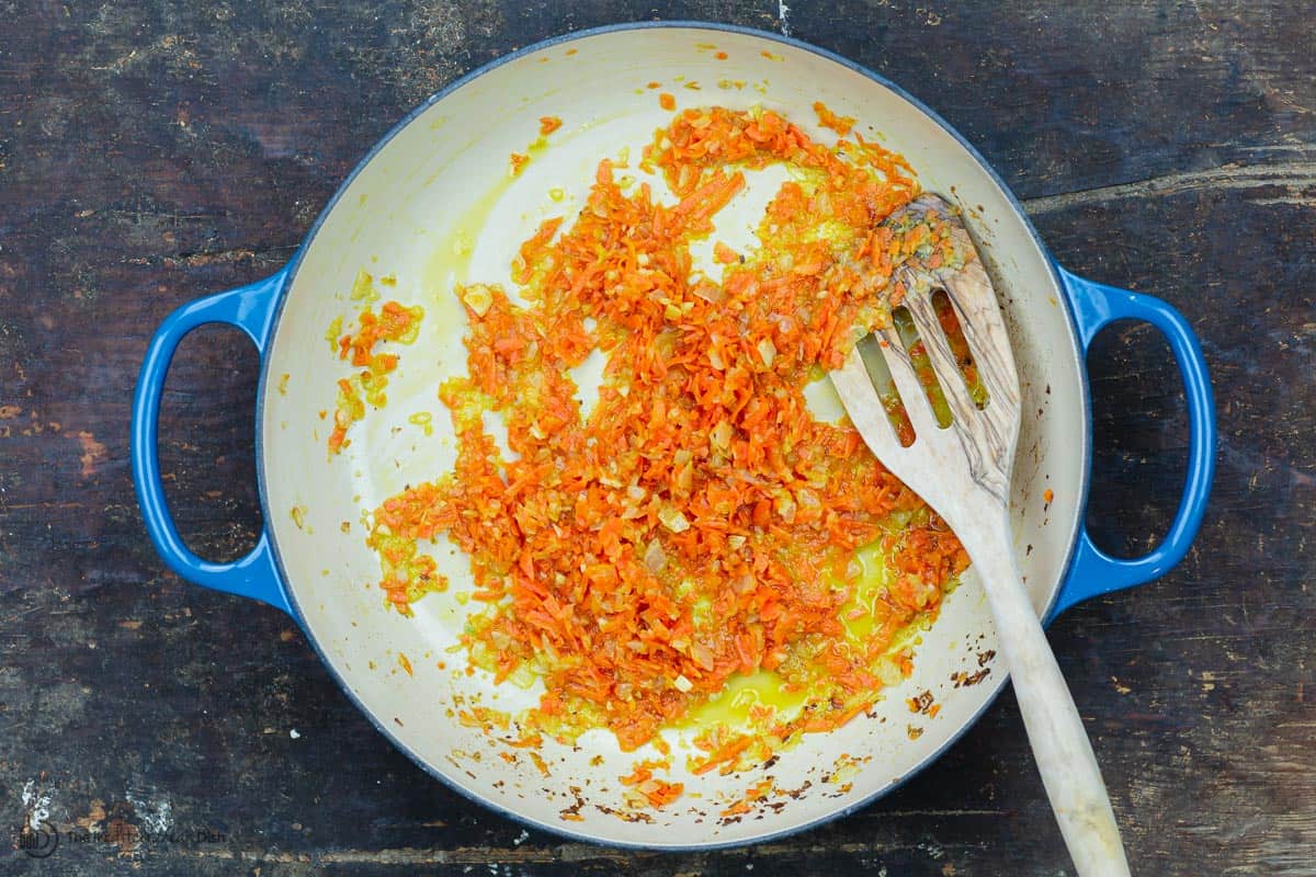 onions, garlic, and carrots sauteed in braiser