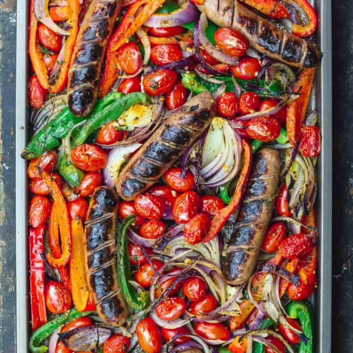 sheet pan chicken sausage and peppers with onions and tomatoes