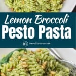 pin image with two bowls of pesto pasta top and bottom