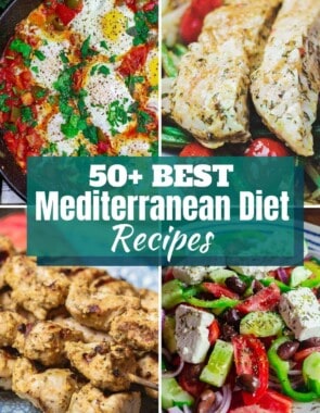 a collage of 4 Mediterranean food pictures with text 50+ Mediterranean Diet Recipes