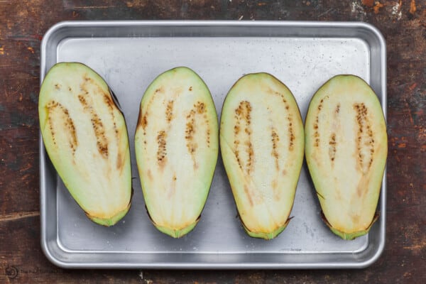 eggplant cut in halves and salted