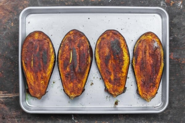 Roasted eggplant on a sheet pan