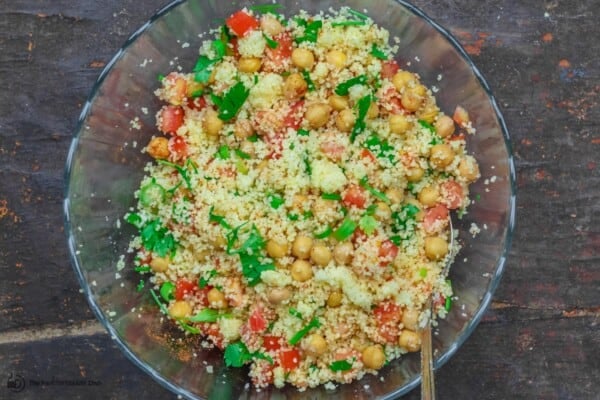 filling of couscous, chickpeas, tomatoes, green onions and parsley