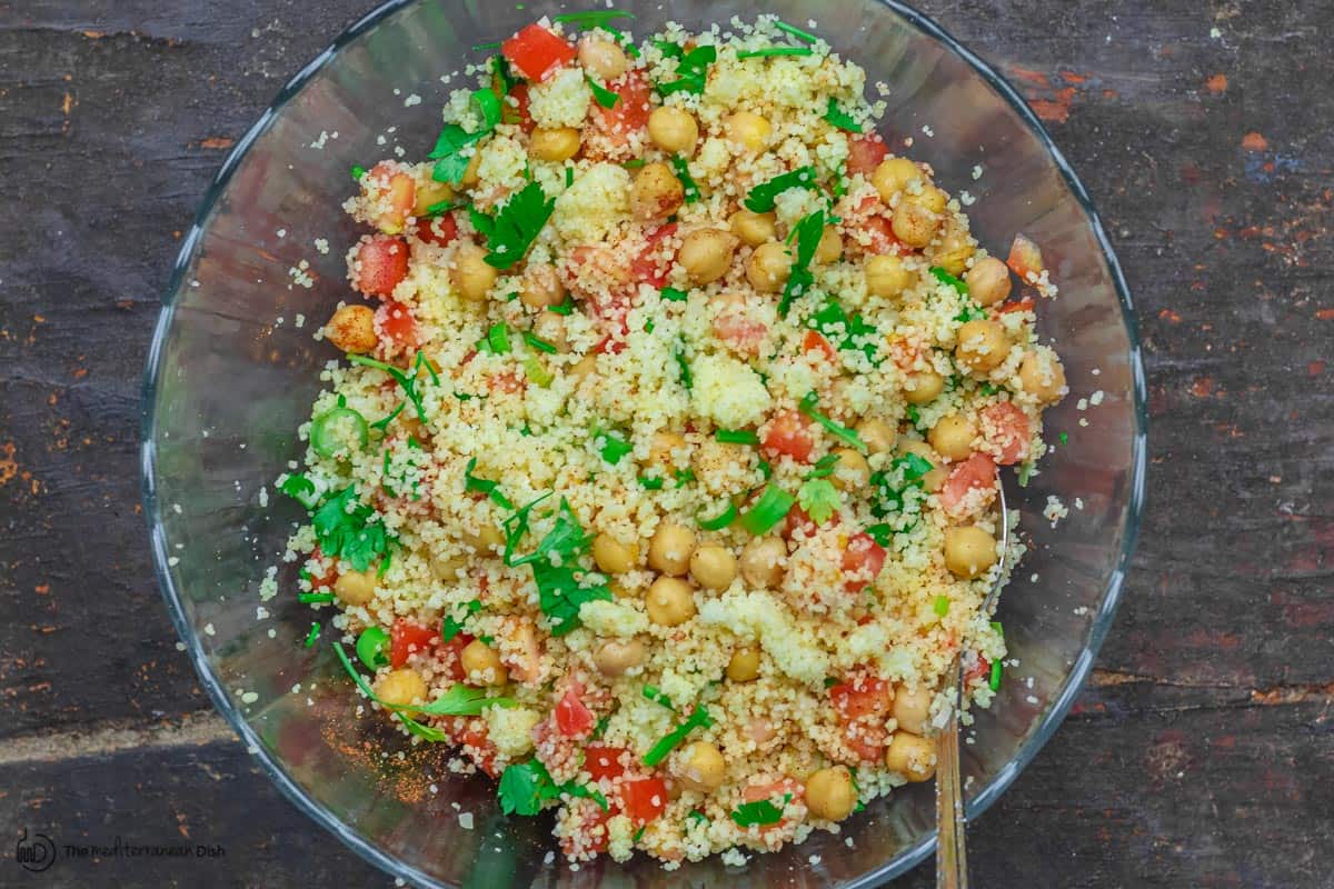 filling of couscous, chickpeas, tomatoes, green onions and parsley