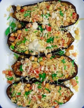 Mediterranean stuffed eggplant with couscous and chickpeas