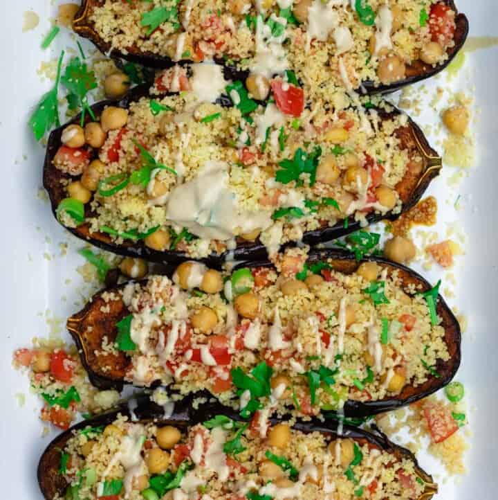 Mediterranean stuffed eggplant with couscous and chickpeas