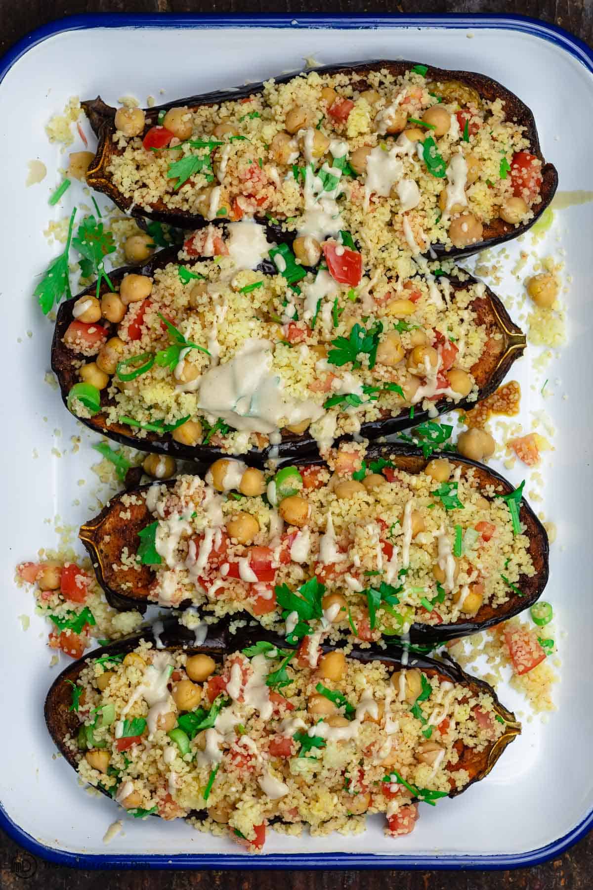 Mediterranean stuffed eggplant with couscous and chickpeas