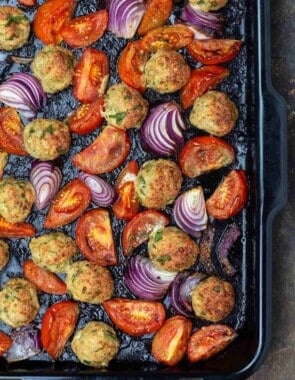 baked chicken meatballs with tomatoes and onions