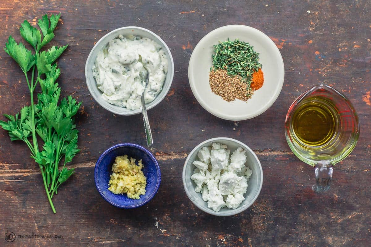 Flavors for Greek fries. feta, parsley, olive oil, spices, and garlic