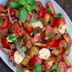 Panzanella salad platter with Italian bread, tomatoes, basil and mozzarella