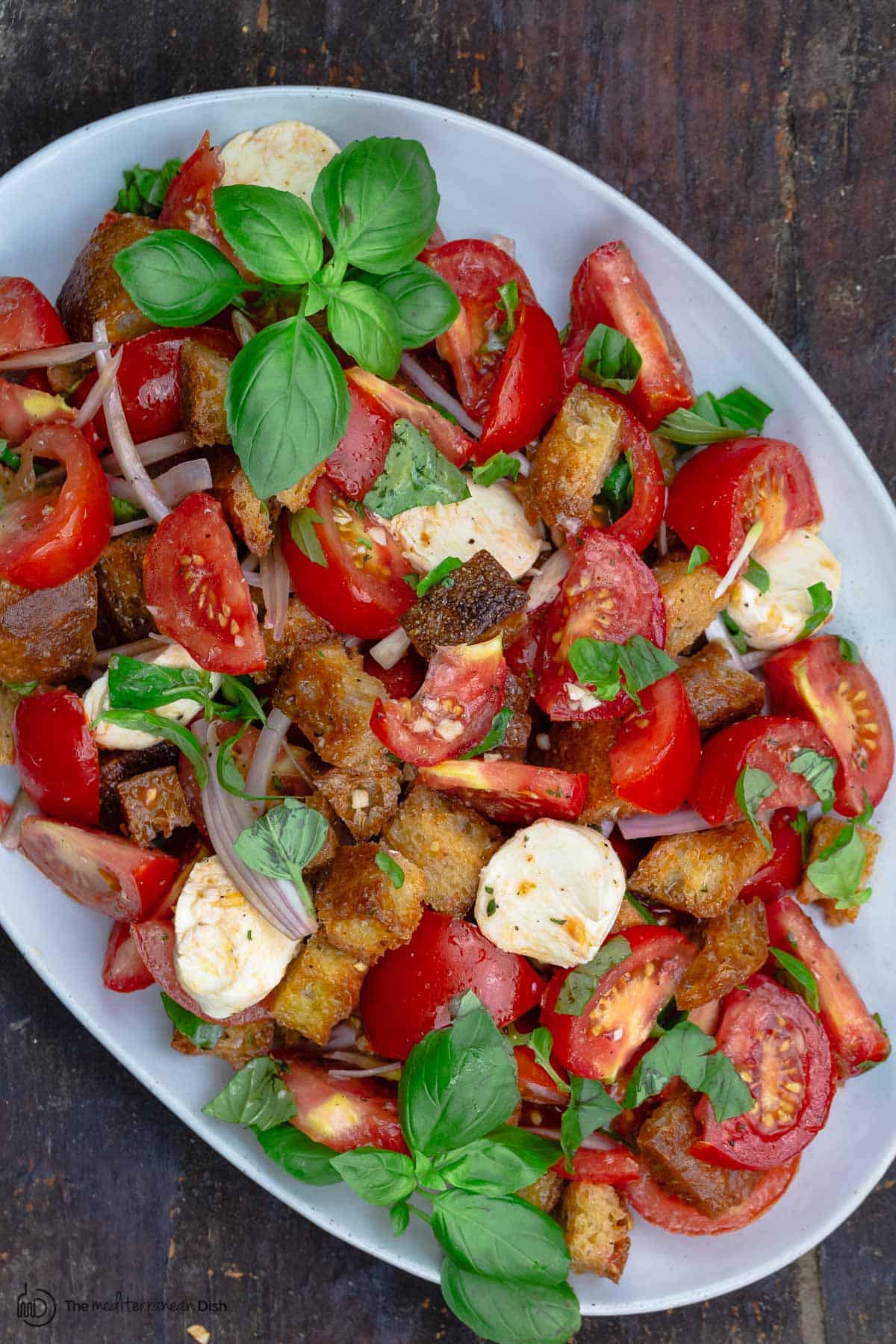 Panzanella salad platter with Italian bread, tomatoes, basil and mozzarella