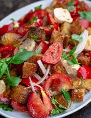 Tomato panzanella on serving platter